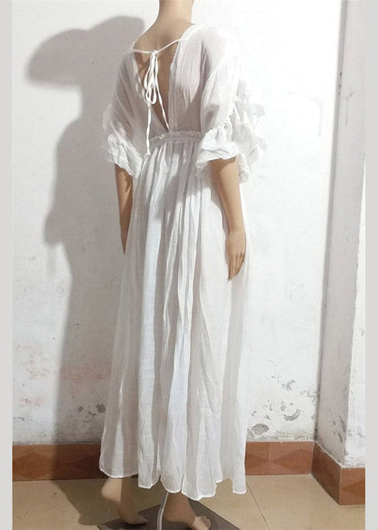 Casual White Pleated Drawstring Party Long Dresses Summer LY3033 - fabuloryshop