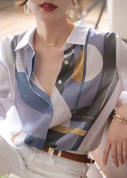 Casual White Print Button Patchwork Silk Shirt Tops Spring LY0379 - fabuloryshop