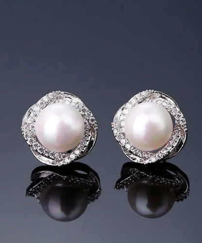 Casual White Sterling Silver Inlaid Zircon Jade Stud Earrings Ada Fashion