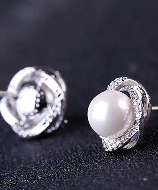 Casual White Sterling Silver Inlaid Zircon Jade Stud Earrings Ada Fashion