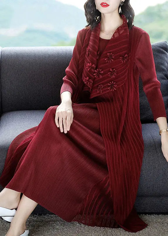 Casual Wine Red O-Neck Floral Patchwork Fake Two Pieces Maxi Dress Long Sleeve Ada Fashion