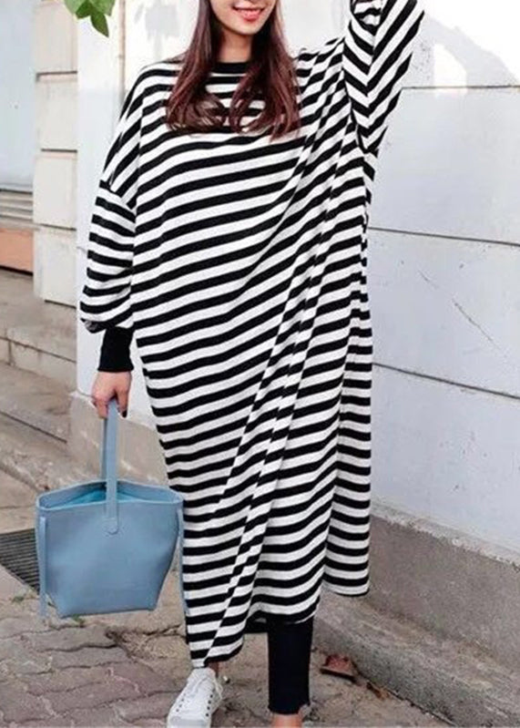 Casual Women Crew Neck Batwing Sleeve Striped Black Long Sweatshirt Dress LC0038 - fabuloryshop