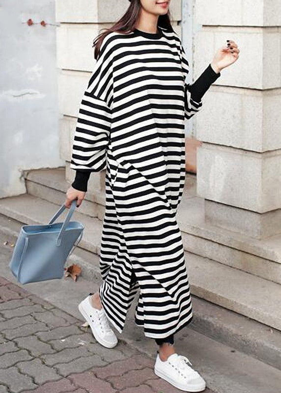 Casual Women Crew Neck Batwing Sleeve Striped Black Long Sweatshirt Dress LC0038 - fabuloryshop