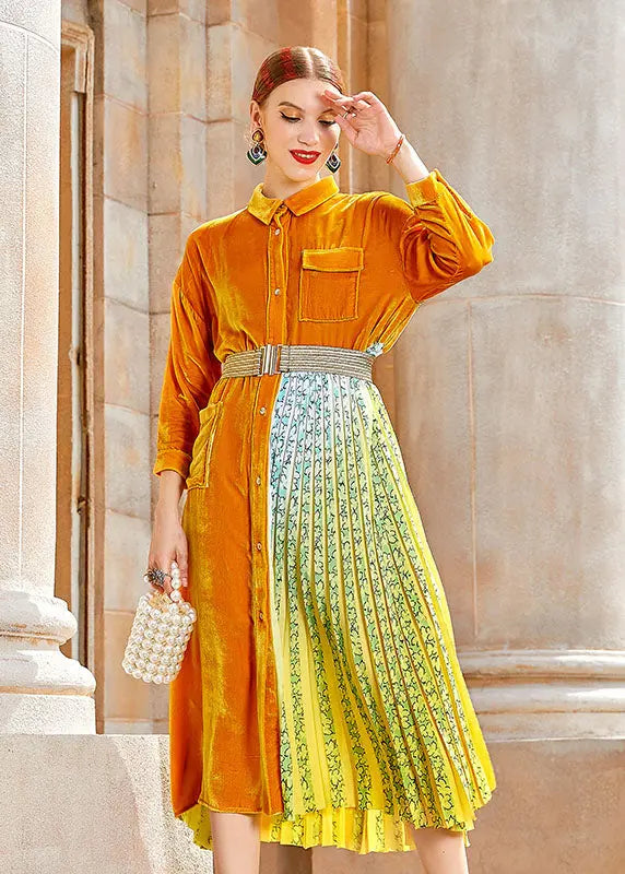 Casual Yellow Peter Pan Collar Print Patchwork Button Silk Velour Maxi Dress Long Sleeve Ada Fashion