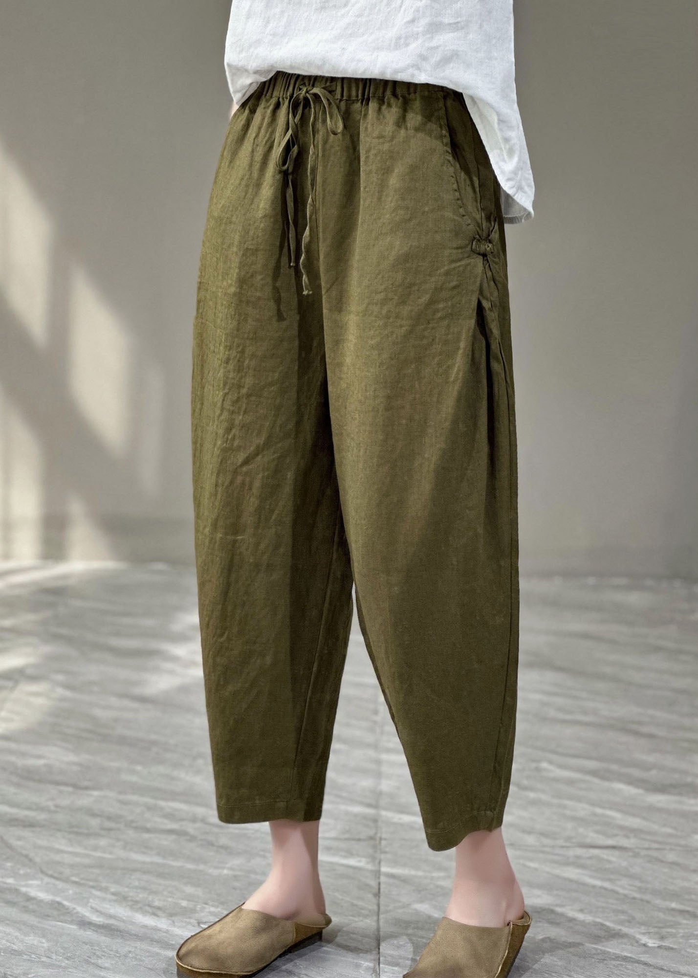 Casual Yellow Pockets Cinched Patchwork Linen Harem Pants Summer Ada Fashion