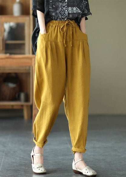 Casual Yellow Pockets Patchwork Elastic Waist Linen Pants Summer LY0584 - fabuloryshop