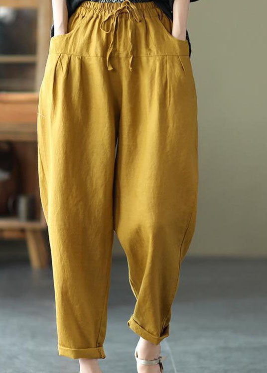 Casual Yellow Pockets Patchwork Elastic Waist Linen Pants Summer LY0584