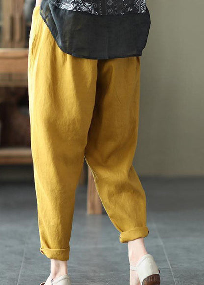 Casual Yellow Pockets Patchwork Elastic Waist Linen Pants Summer LY0584 - fabuloryshop