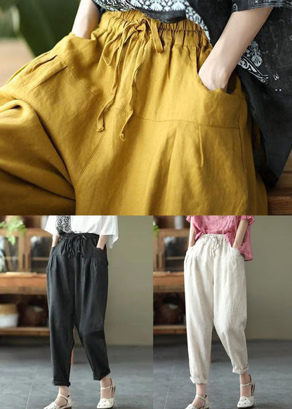 Casual Yellow Pockets Patchwork Elastic Waist Linen Pants Summer LY0584 - fabuloryshop