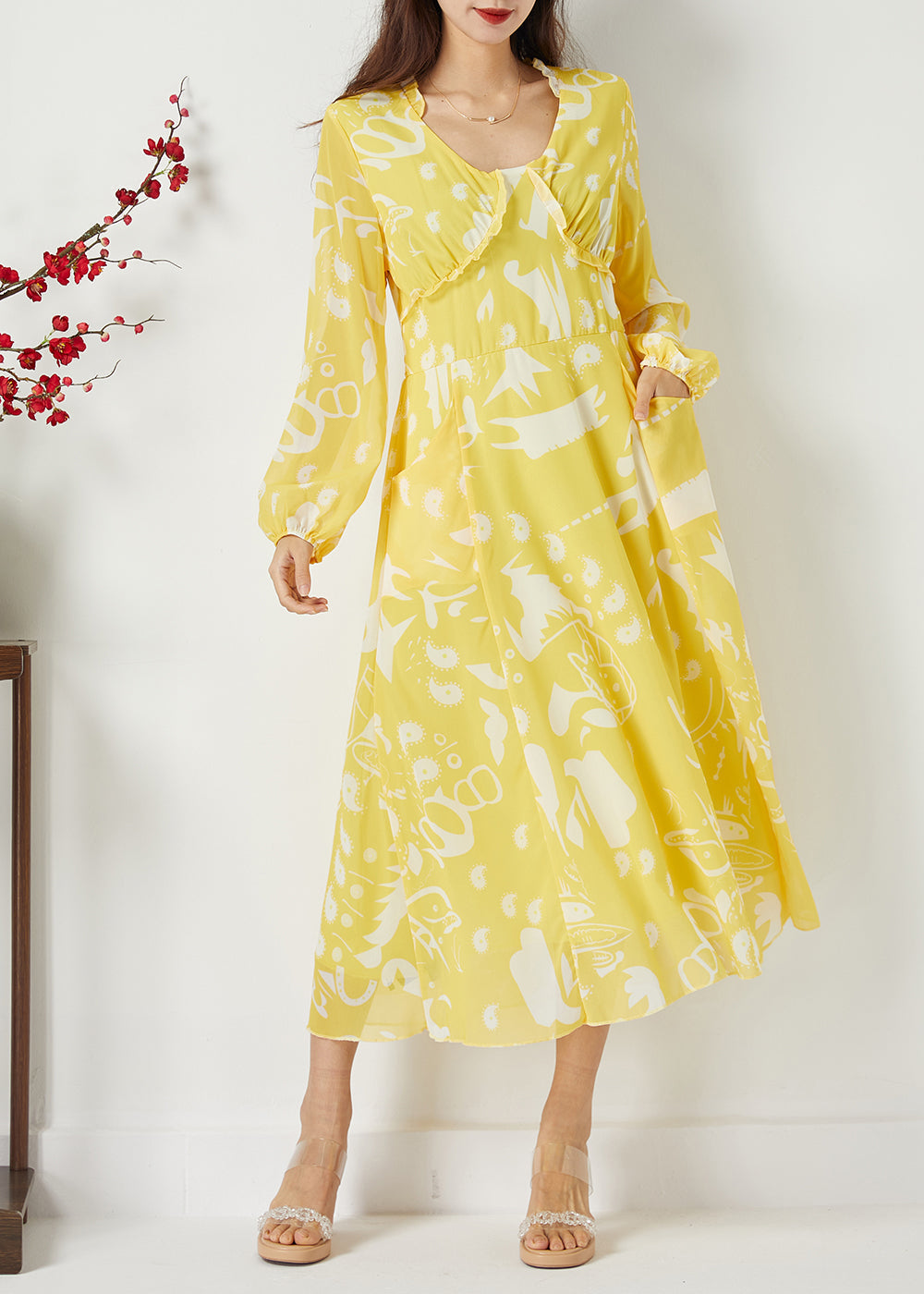 Casual Yellow Ruffled Cinched Print Chiffon Dress Summer LC0393 - fabuloryshop