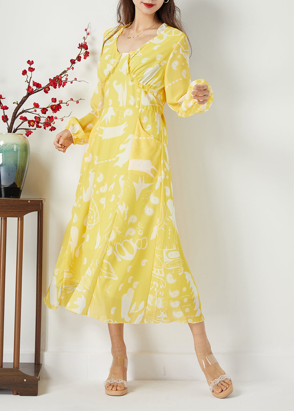 Casual Yellow Ruffled Cinched Print Chiffon Dress Summer LC0393 - fabuloryshop