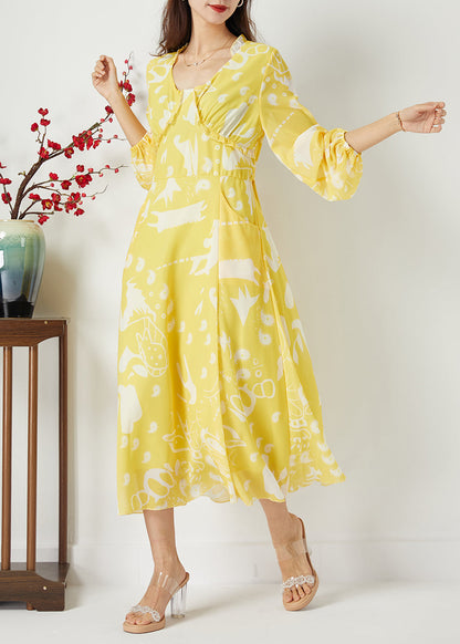 Casual Yellow Ruffled Cinched Print Chiffon Dress Summer LC0393 - fabuloryshop