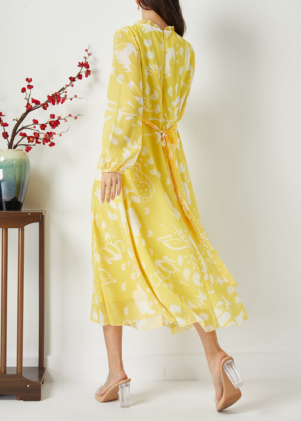 Casual Yellow Ruffled Cinched Print Chiffon Dress Summer LC0393 - fabuloryshop