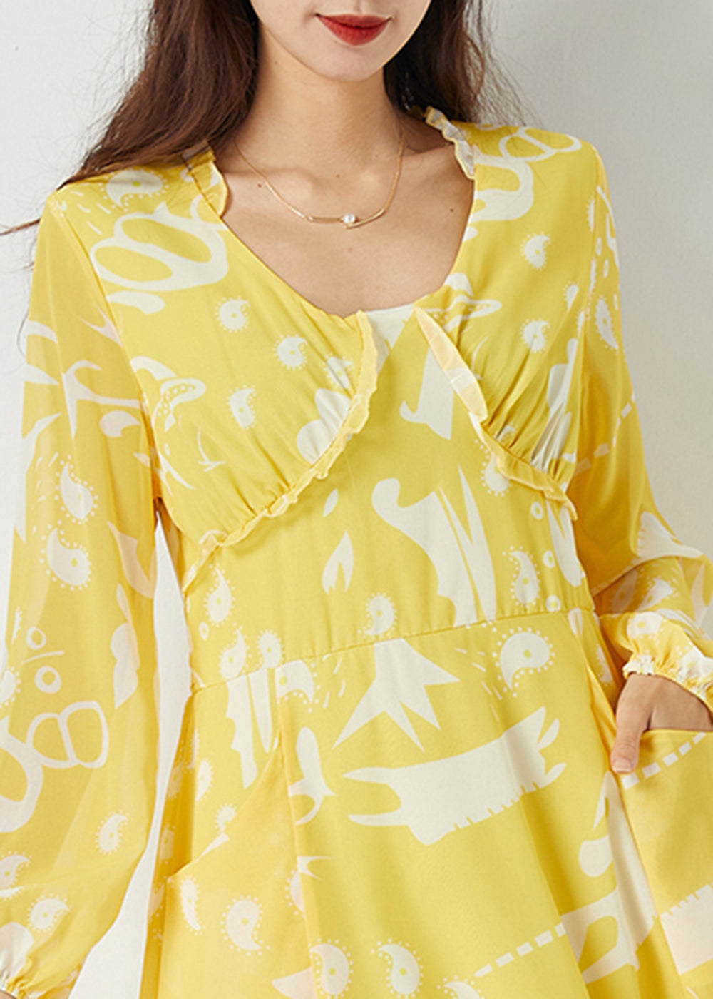 Casual Yellow Ruffled Cinched Print Chiffon Dress Summer LC0393 - fabuloryshop