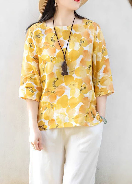 Casual Yellow Square Collar Print Linen T Shirts Top Summer LY2911 - fabuloryshop