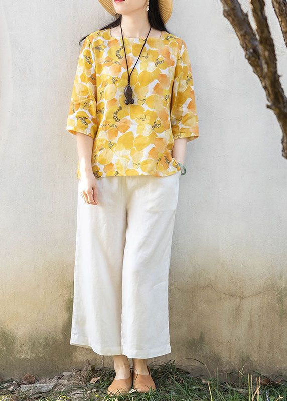 Casual Yellow Square Collar Print Linen T Shirts Top Summer LY2911