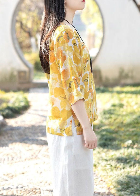 Casual Yellow Square Collar Print Linen T Shirts Top Summer LY2911