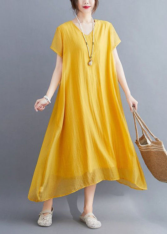 Casual Yellow V Neck Asymmetrical Design Cotton Maxi Dresses Summer LY0543 - fabuloryshop