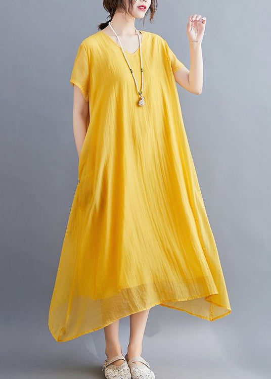 Casual Yellow V Neck Asymmetrical Design Cotton Maxi Dresses Summer LY0543 - fabuloryshop