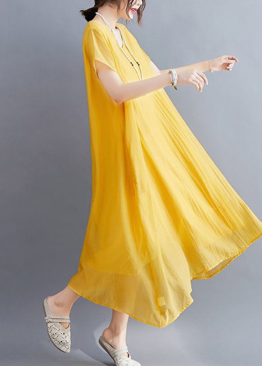 Casual Yellow V Neck Asymmetrical Design Cotton Maxi Dresses Summer LY0543