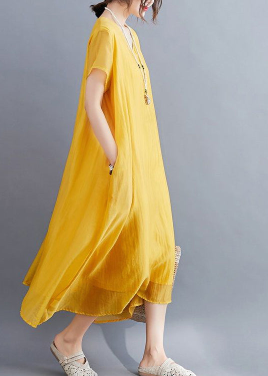 Casual Yellow V Neck Asymmetrical Design Cotton Maxi Dresses Summer LY0543 - fabuloryshop