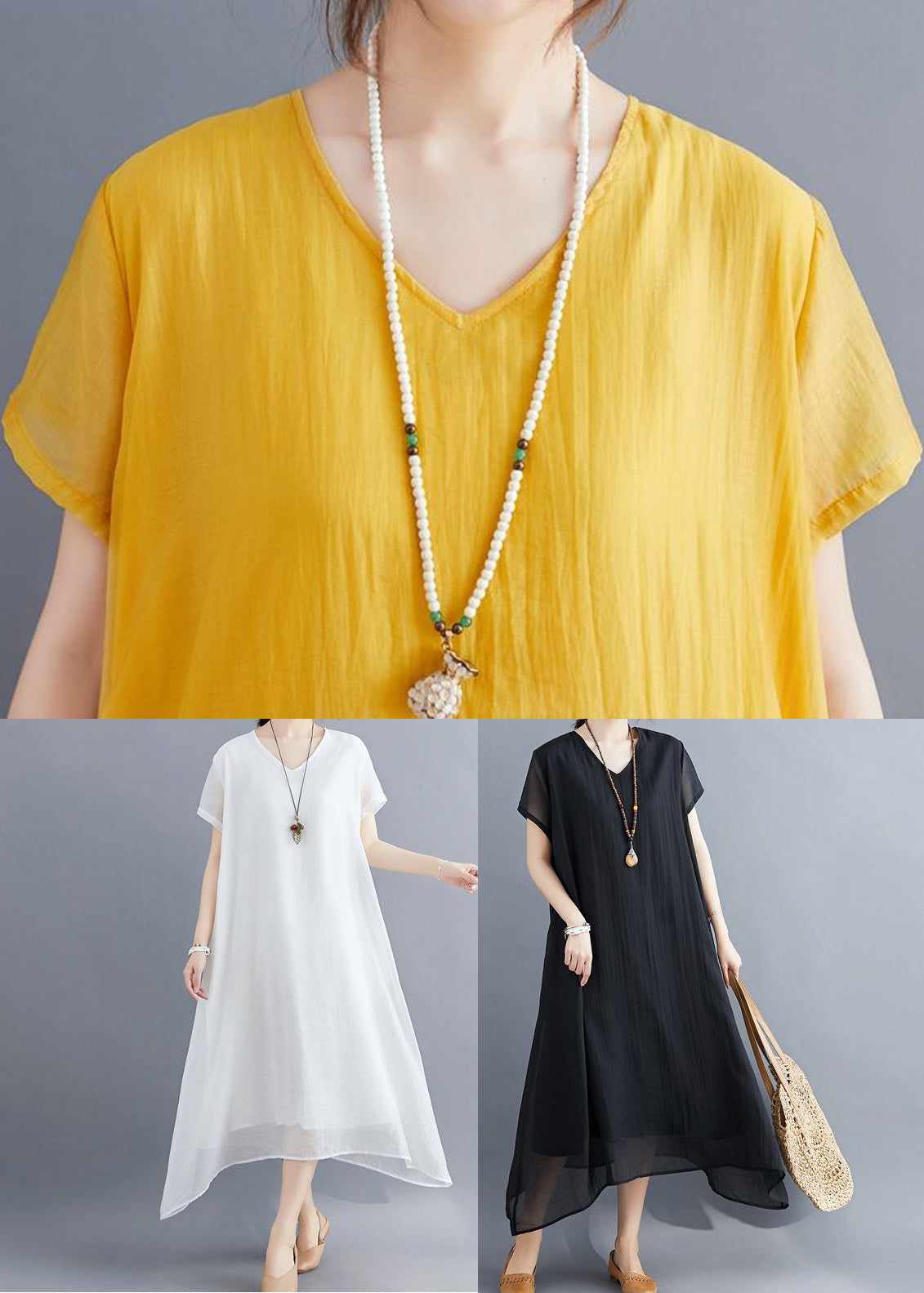 Casual Yellow V Neck Asymmetrical Design Cotton Maxi Dresses Summer LY0543