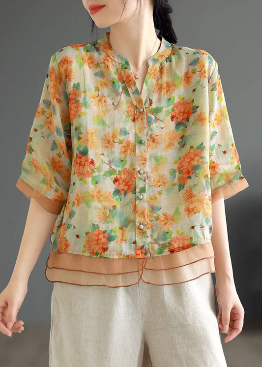 Casual Yellow V Neck Print Button Patchwork Linen Shirts Half Sleeve Ada Fashion