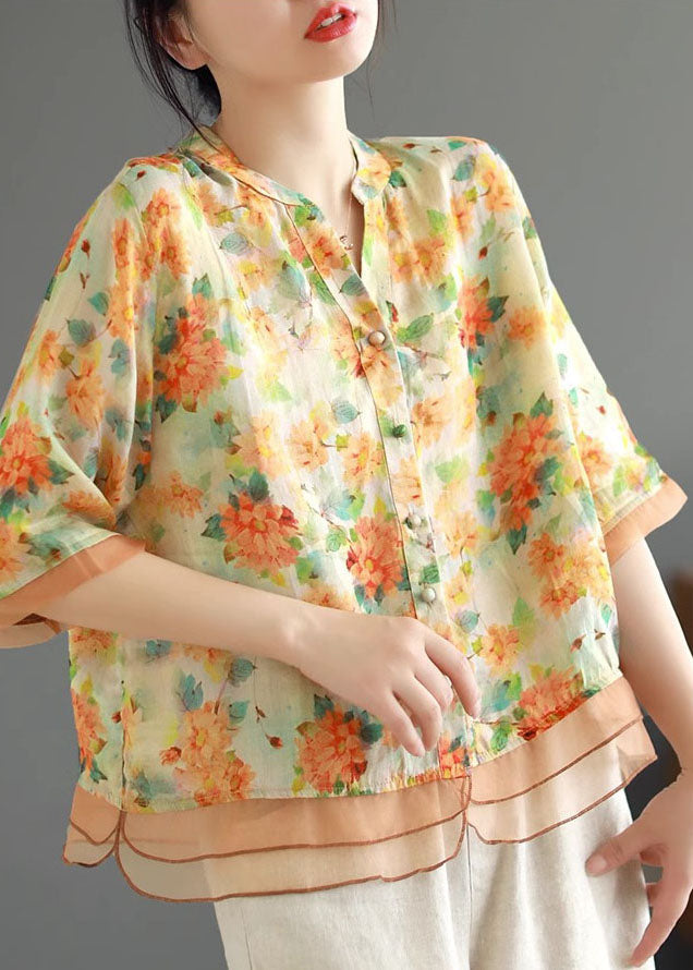 Casual Yellow V Neck Print Button Patchwork Linen Shirts Half Sleeve Ada Fashion