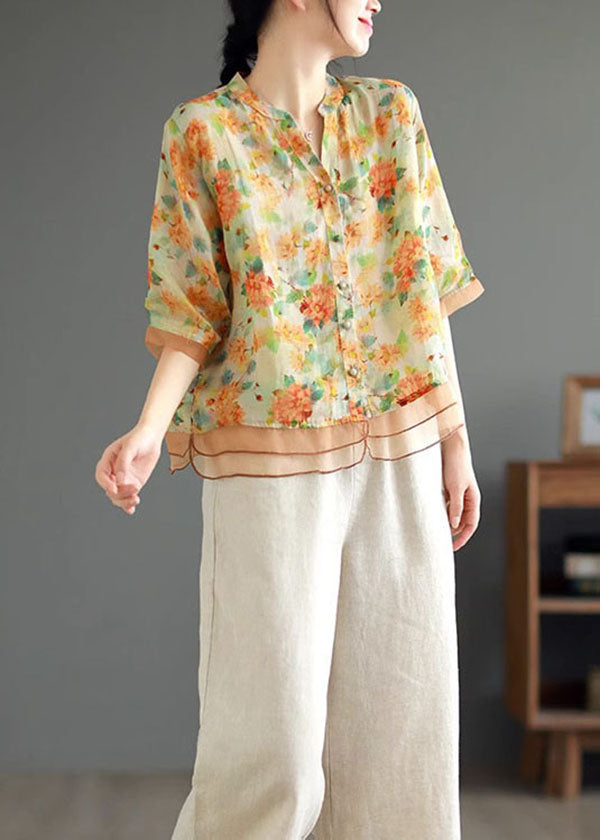 Casual Yellow V Neck Print Button Patchwork Linen Shirts Half Sleeve Ada Fashion