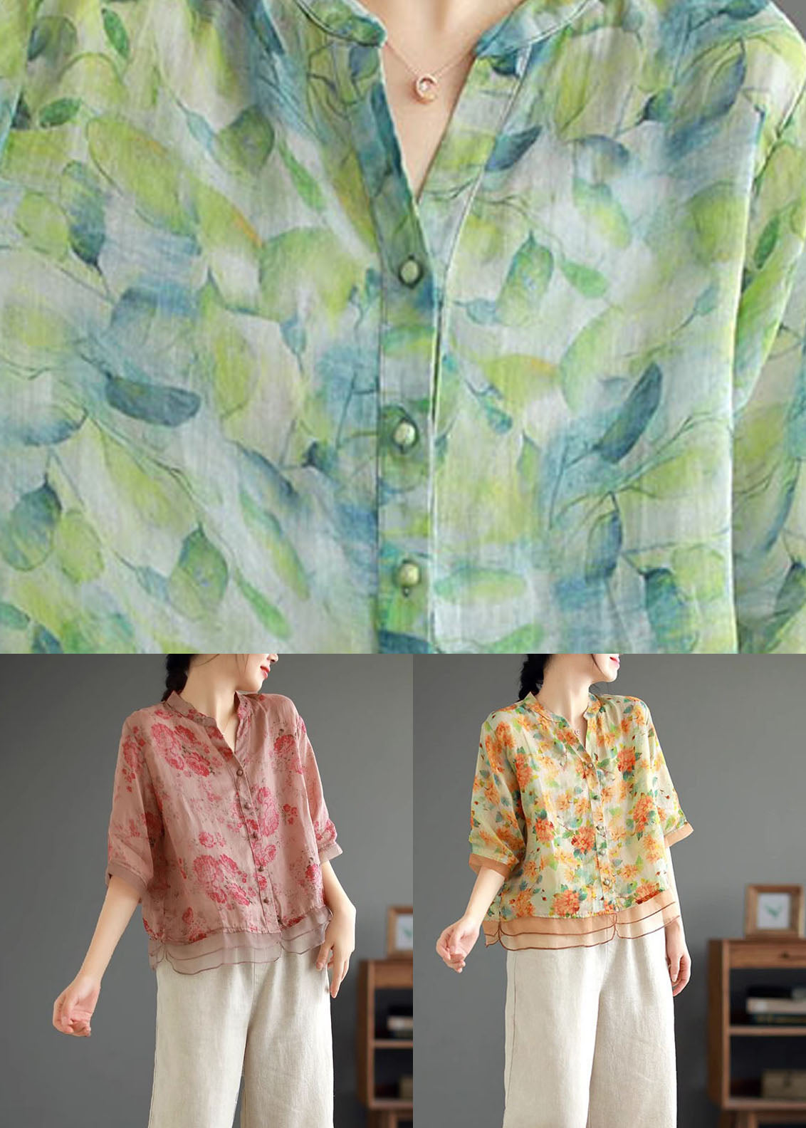 Casual Yellow V Neck Print Button Patchwork Linen Shirts Half Sleeve Ada Fashion