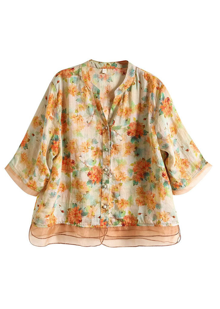 Casual Yellow V Neck Print Button Patchwork Linen Shirts Half Sleeve Ada Fashion