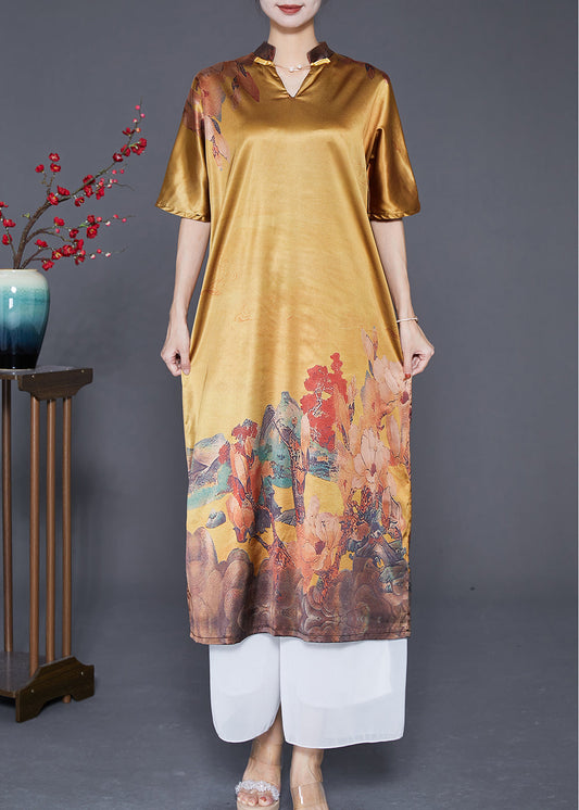 Casual Yellow V Neck Print Silk Party Dress Summer Ada Fashion