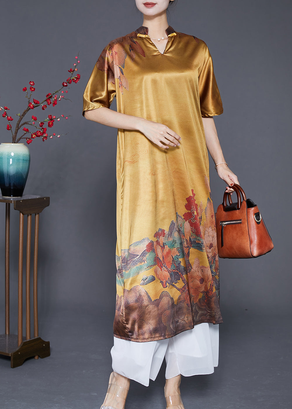 Casual Yellow V Neck Print Silk Party Dress Summer Ada Fashion