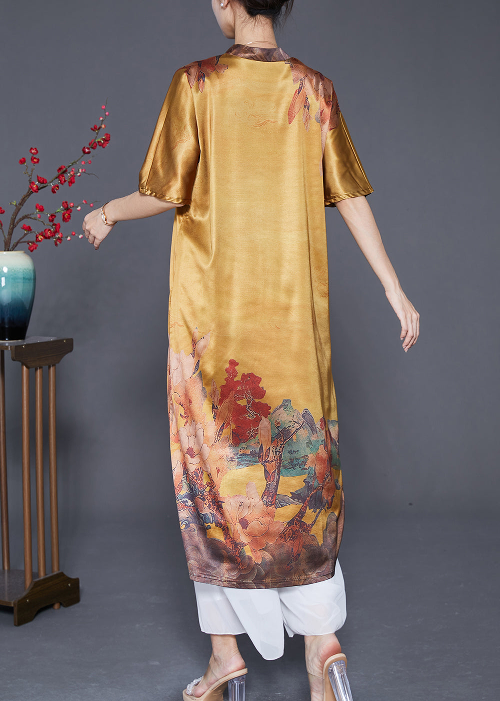 Casual Yellow V Neck Print Silk Party Dress Summer Ada Fashion