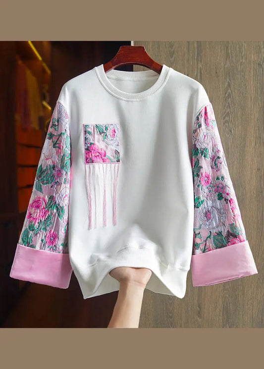 Casualn White O-Neck Embroideried Cotton Sweatshirt Fall Ada Fashion