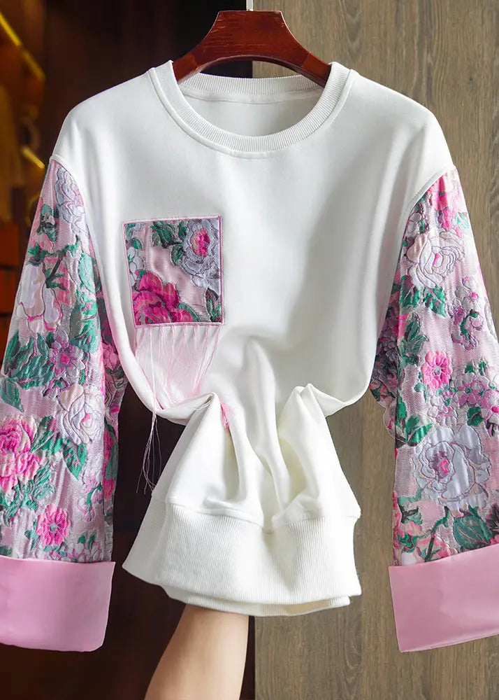 Casualn White O-Neck Embroideried Cotton Sweatshirt Fall Ada Fashion