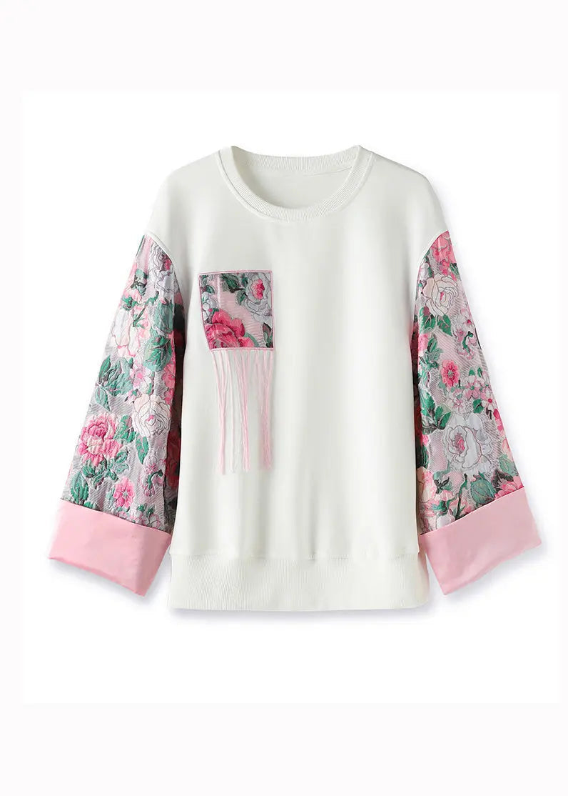 Casualn White O-Neck Embroideried Cotton Sweatshirt Fall Ada Fashion