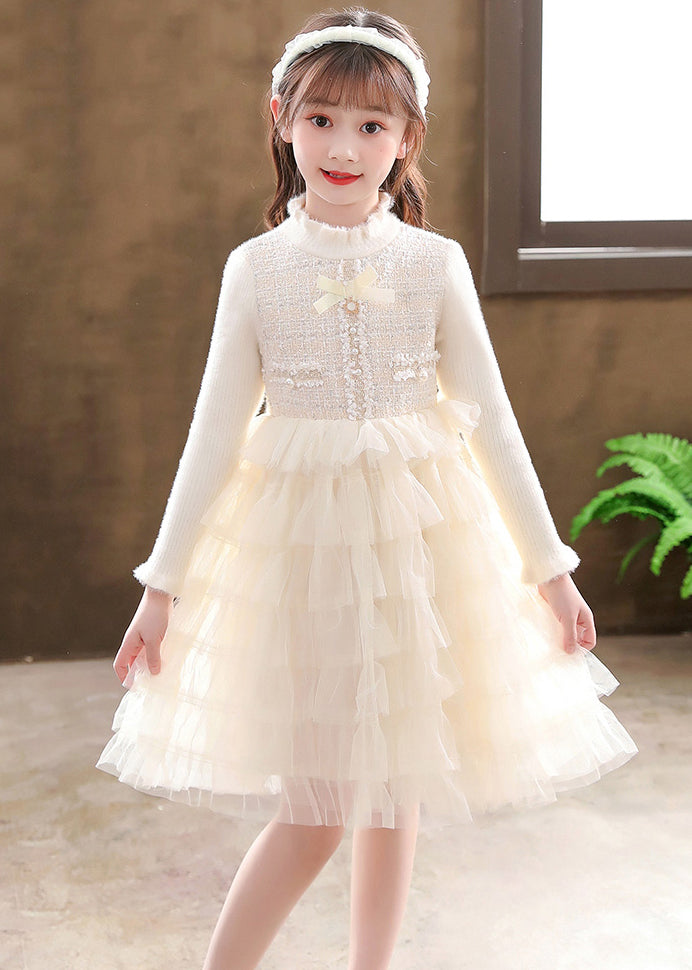 Champagne Button Knit Patchwork Tulle Girls Mid Dresses Fall Ada Fashion