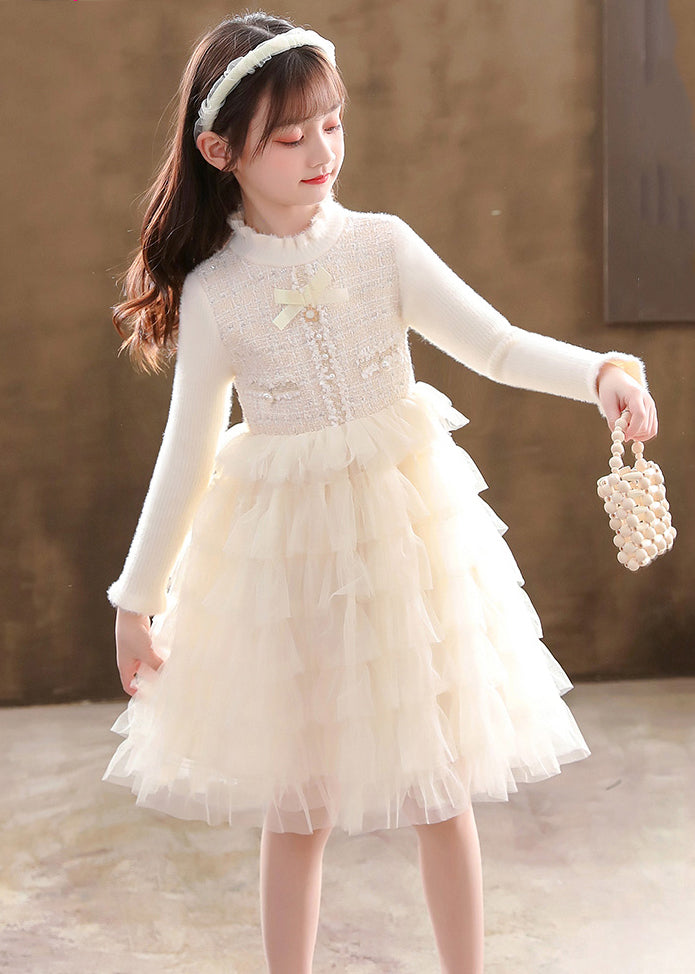 Champagne Button Knit Patchwork Tulle Girls Mid Dresses Fall Ada Fashion