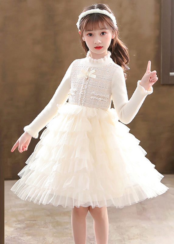 Champagne Button Knit Patchwork Tulle Girls Mid Dresses Fall Ada Fashion