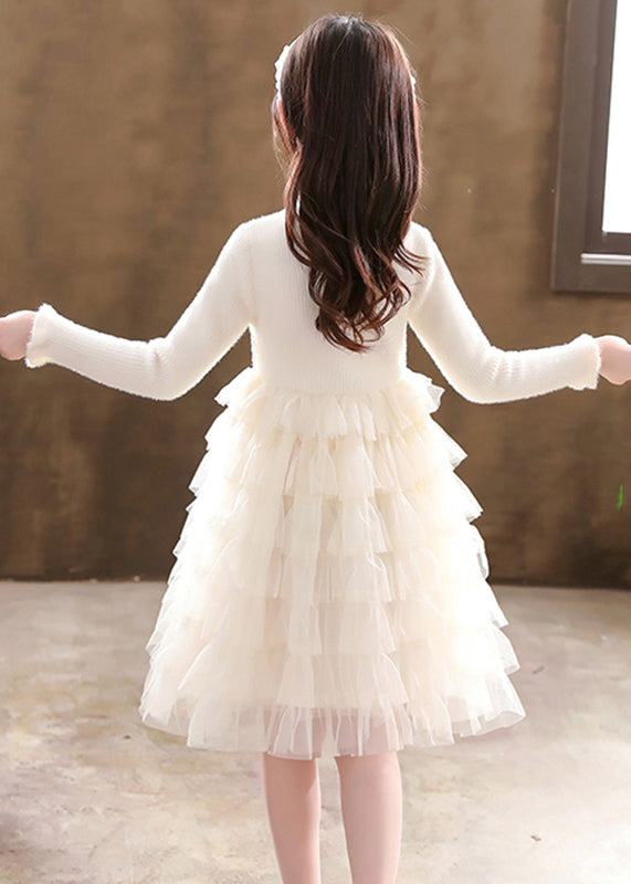 Champagne Button Knit Patchwork Tulle Girls Mid Dresses Fall Ada Fashion