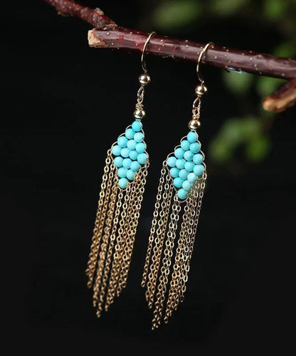 Chic 14K Gold Turquoise Tassel Drop Earrings Ada Fashion