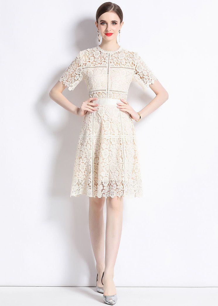 Chic Apricot Embroideried Hollow Out Patchwork Lace Mid Dress Summer LY7438 - fabuloryshop
