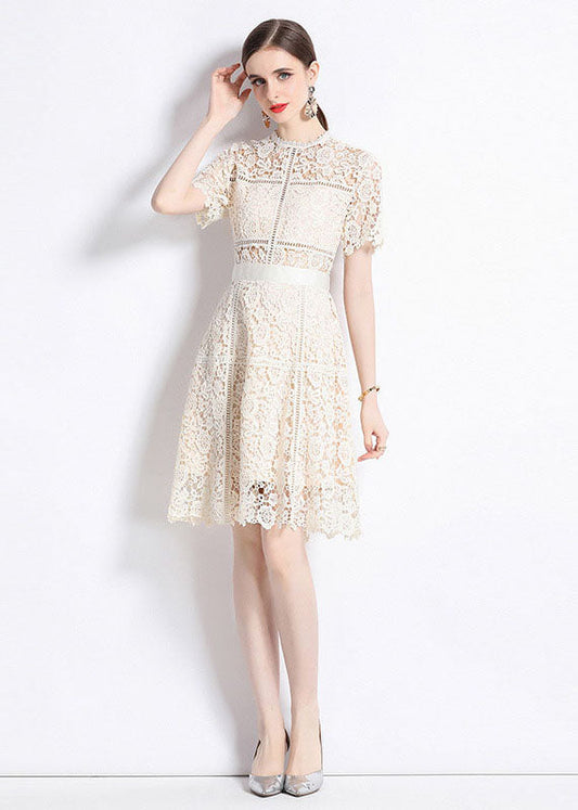 Chic Apricot Embroideried Hollow Out Patchwork Lace Mid Dress Summer LY7438 - fabuloryshop