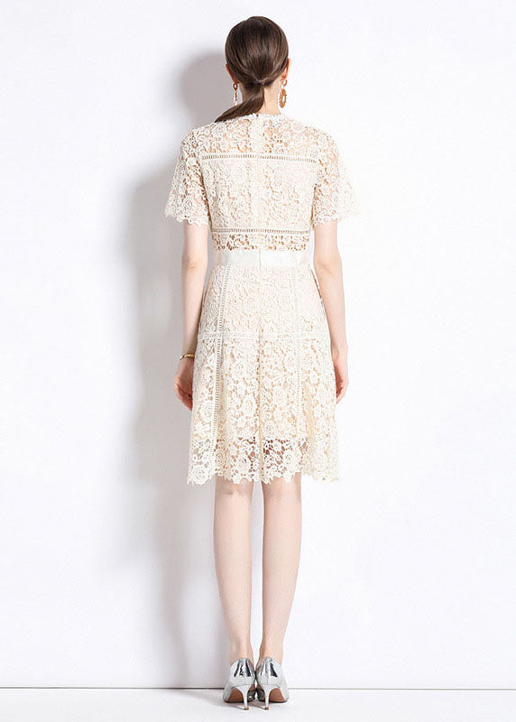 Chic Apricot Embroideried Hollow Out Patchwork Lace Mid Dress Summer LY7438 - fabuloryshop