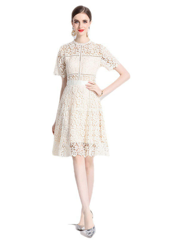Chic Apricot Embroideried Hollow Out Patchwork Lace Mid Dress Summer LY7438 - fabuloryshop