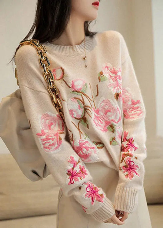 Chic Apricot O-Neck Embroideried Patchwork Woolen Top Fall Ada Fashion
