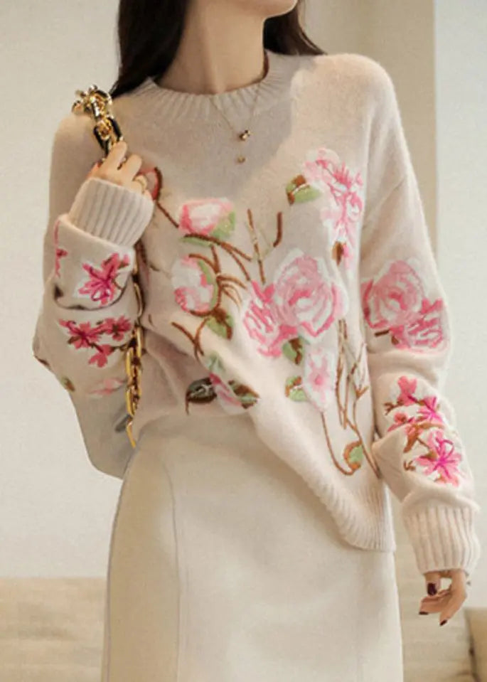 Chic Apricot O-Neck Embroideried Patchwork Woolen Top Fall Ada Fashion