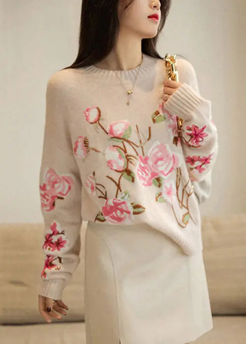 Chic Apricot O-Neck Embroideried Patchwork Woolen Top Fall Ada Fashion