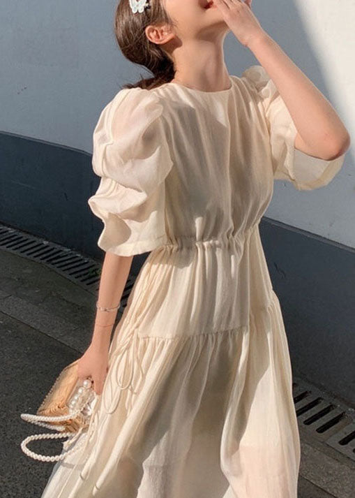 Chic Apricot O Neck Wrinkled Patchwork Silk Dresses Puff Sleeve LY2631 - fabuloryshop